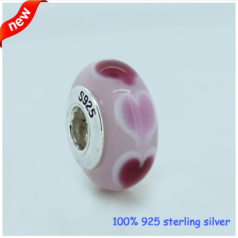 

CKK 925 Sterling Silver Murano Glass Beads Pink Heart Charms Original Fashion Jewelry Making Birthday Gift