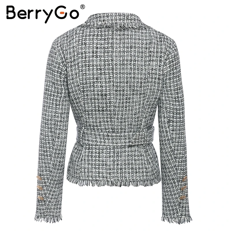 BerryGo, v-образный вырез, двойной плед, кисточка, твид, Женский блейзер, пальто, на пуговицах, с поясом, женские пальто, длинный рукав, верхняя одежда, пальто, куртка