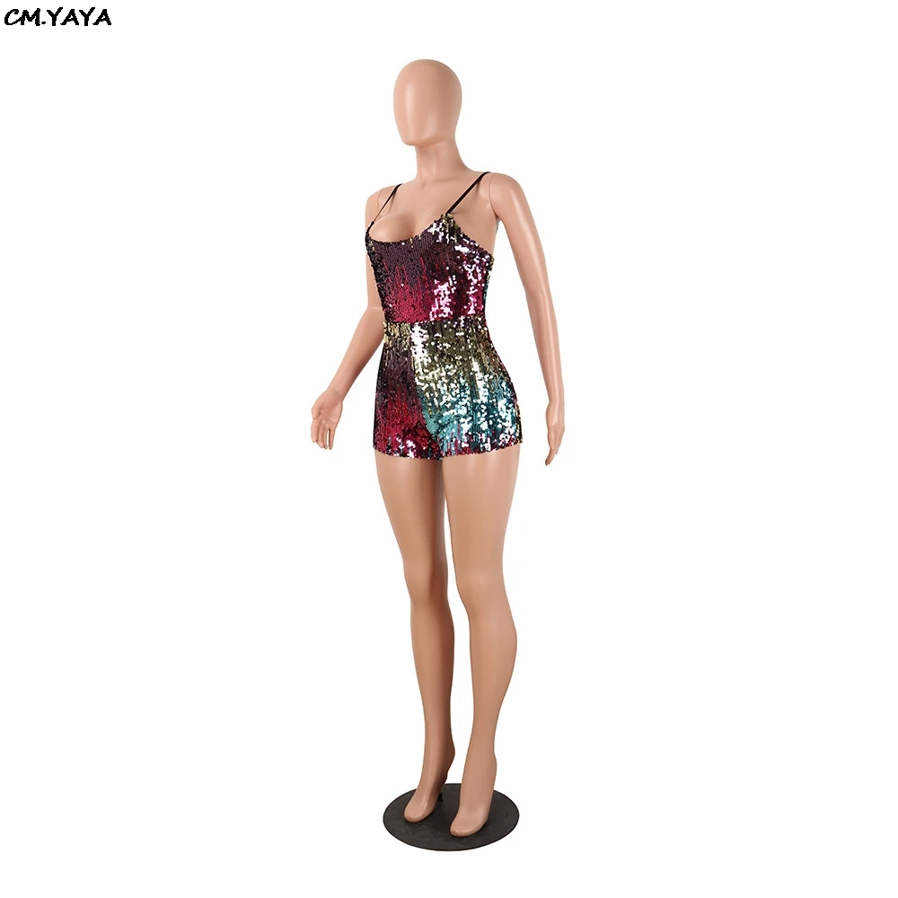 2019 New summer women spaghetti strap colorful sequins high waist vintage playsuit party short jumpsuit outfit FX08 | Женская одежда