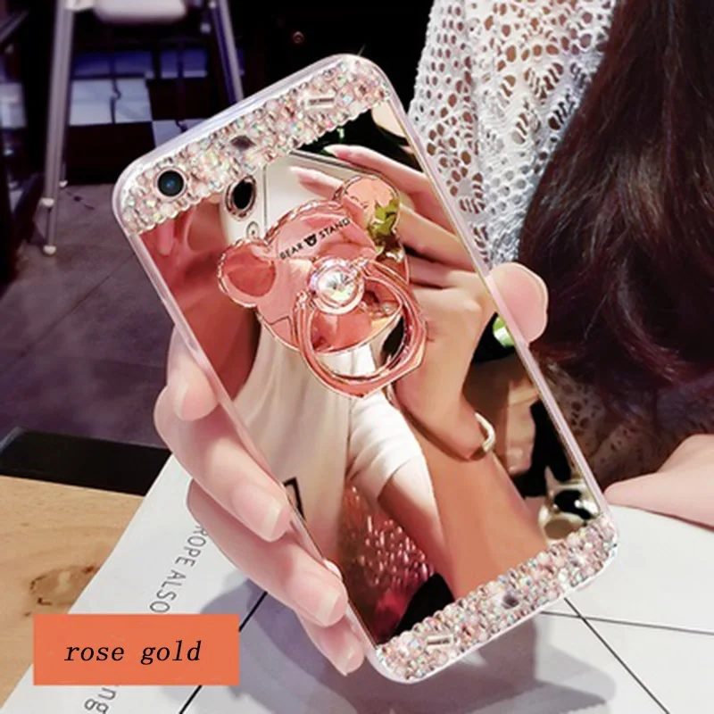 Алмазный блестящий чехол с зеркалом для Xiaomi 8 8E A 1 2 5S plus MAX MIX 2 Flash 3D bear back Обложка для Redmi Note 3 4 5 X A 360 Ring - Цвет: Rose gold