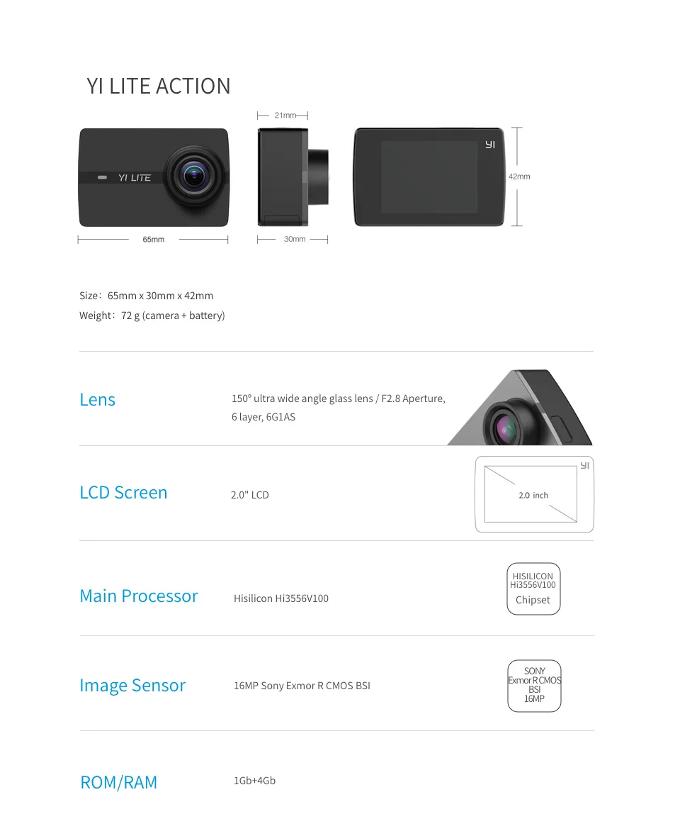 YI Lite экшн Камера 1080p Матрица SONY IMX206 Широкоугольный объектив с углом зрения 150° Bluetooth и двухдиапазонный Wi-Fi режимов съемки