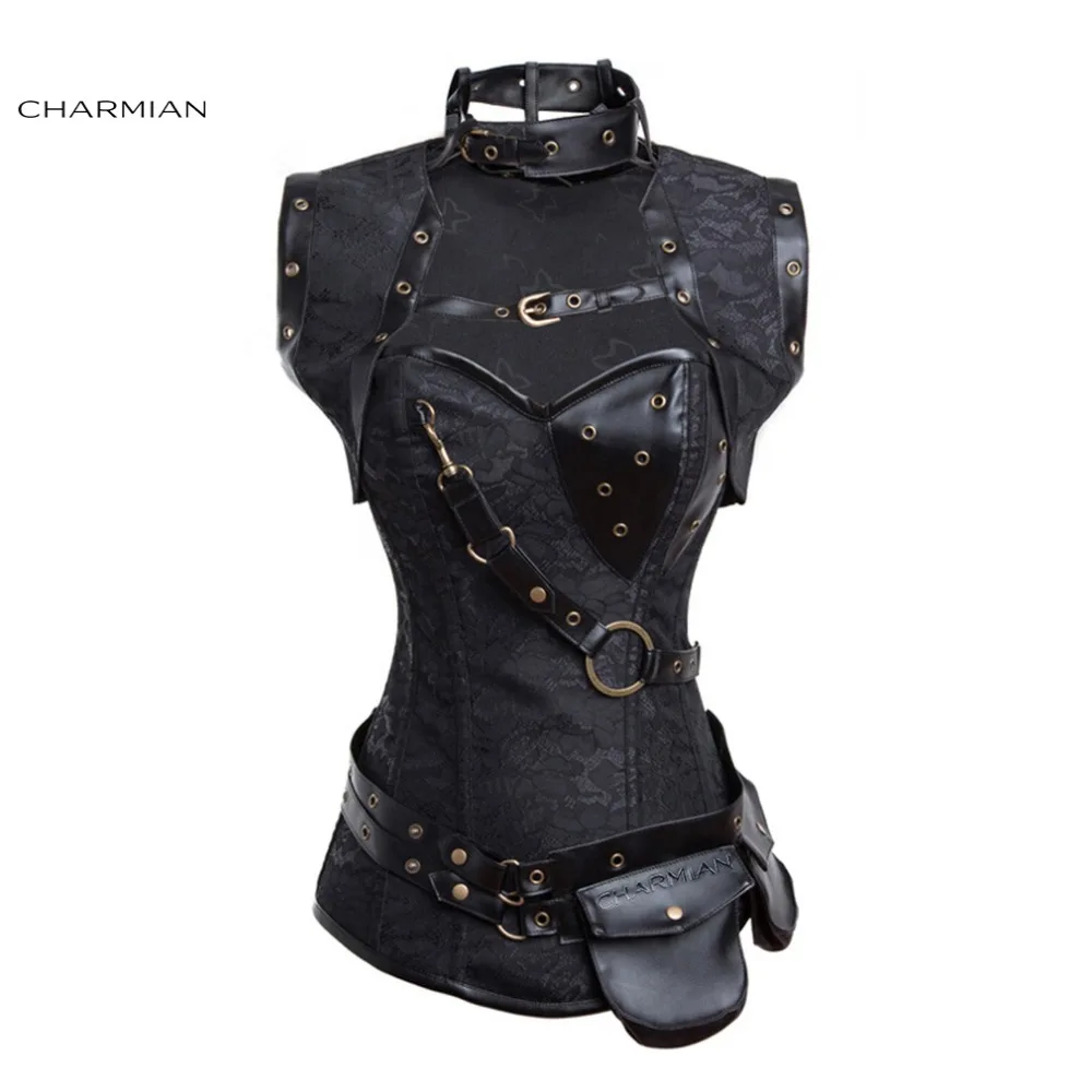 Charmian Steampunk Black Corset Vintage Women Retro Steel Boned Plus Size Corset Top With Jacket And Belt Bustier Gothic Clothes