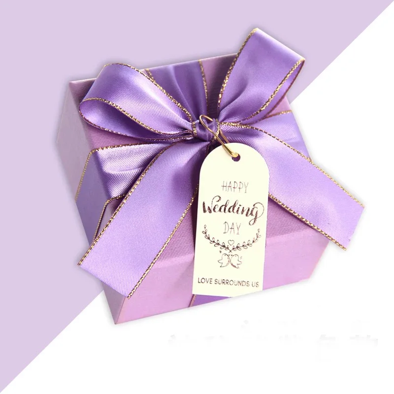 100 шт./заказ Пользовательские Элегантный квадратный Обручение Baby shower вечерние коробки конфет Шоколад невесты свадебный подарок пользу поле для гостей - Цвет: purple