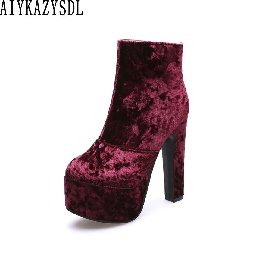 

AIYKAZYSDL Autumn Winter Women Ankle Boots Flock Velvet Short Bootie Platform High Heels Thick Block High Heel Plus Size Shoes