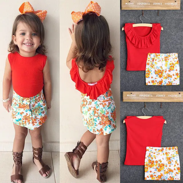 hot new Fashion 2pcs Kids Baby Girls o-neck short sleeve T-shirt Tops+ floral Mini Skirt Outfit Clothes Set | Детская одежда и
