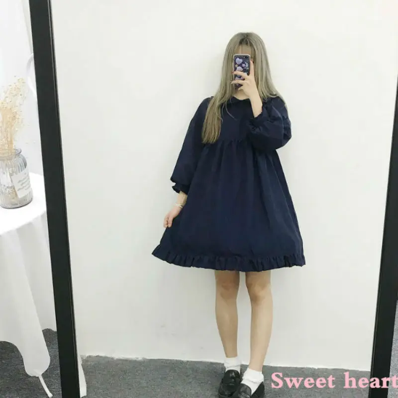 Женское платье в японском стиле Kawaii в стиле Лолиты; однотонные розовые и синие платья; милая втулка в стиле Лолиты для девочек; воротник-кукла с фартуком; юбка дворец