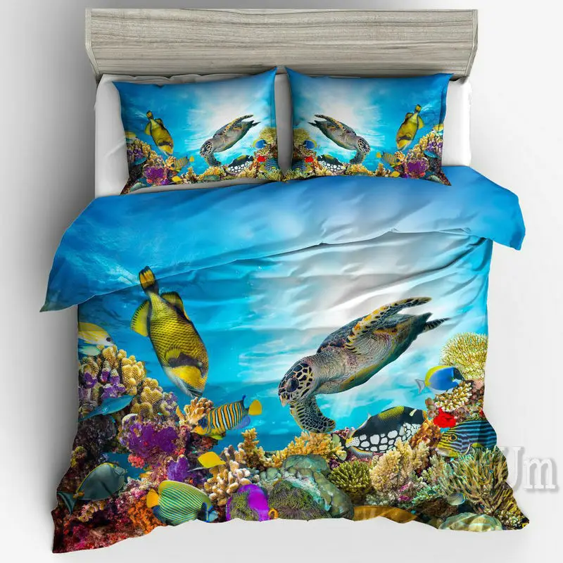 3D Набор постельного белья 3 шт. Рисунок черепахи Дельфина Подводный мир Наволочки с односпальным, двуспальным, королевским размером Великобритания, Франция, Германия.