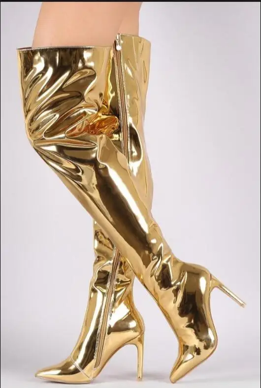 

Hot Gold /Silver Leather Over-the-knee Boots Color Light Pointed Toe Women's Shoes Stiletto Heels Night Club Knight Boots