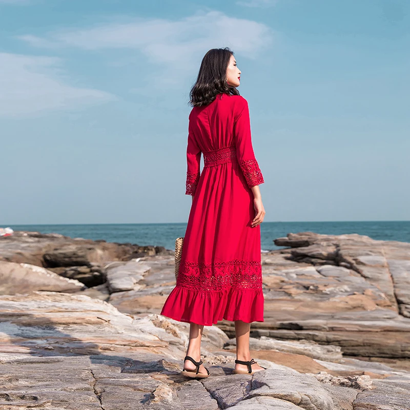 Tingfly элегантные красные платья для вечеринок кружевное Открытое платье миди