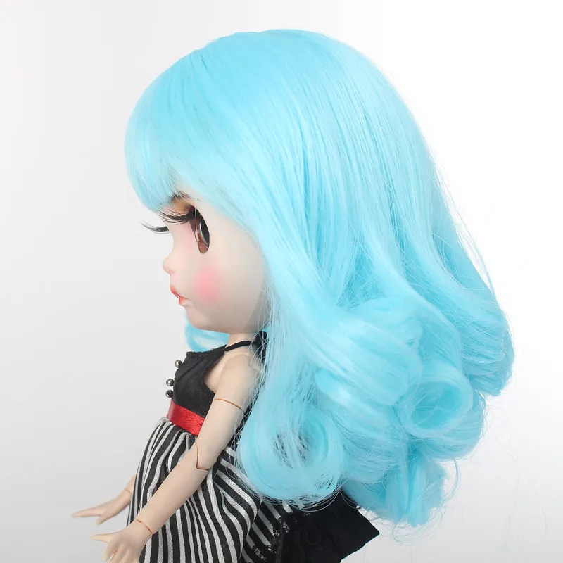 

Wholesale MUZIWIG Aqua Blue High Temperature Fiber Curly Wigs with Bangs for Bllyth Dolls
