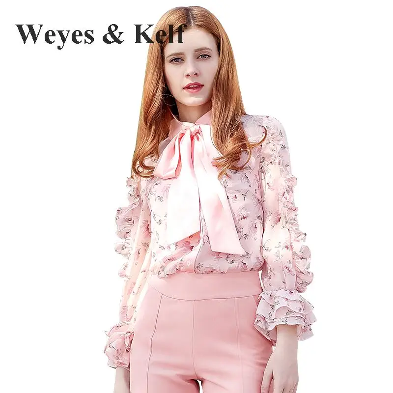 Weyes & Kelf шифон с цветочным принтом Блузки Для женщин 2018 Весна Однобортный коротким