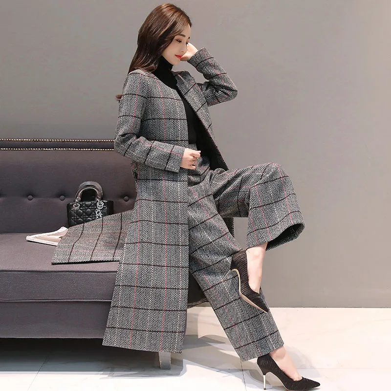 Шерстяной клетчатый комплект из 2 предметов для женщин широкие брюки костюм