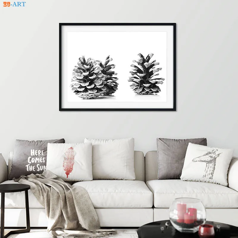 Современный черный и белый пейзаж стены Искусство сосновый конус Фламинго