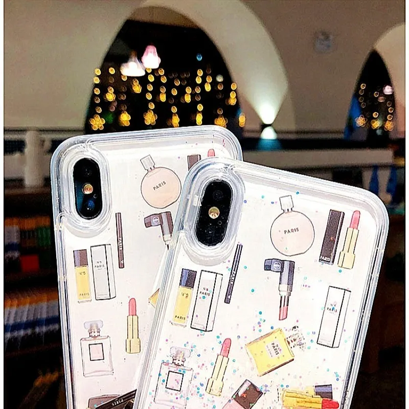 Косметический чехол с сияющими блестками чехол для iPhone 7 XS Max XR X 6 8 Plus жесткая динамическая жидкая косметика Помада флакон для парфюма чехол для телефона