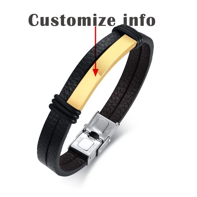 Customize Gold Vnox мужские черные кожаные браслеты, персонализированная гравировка, настраиваемая информация, pulsera masculina 8,07" - Окраска металла: Customize Gold