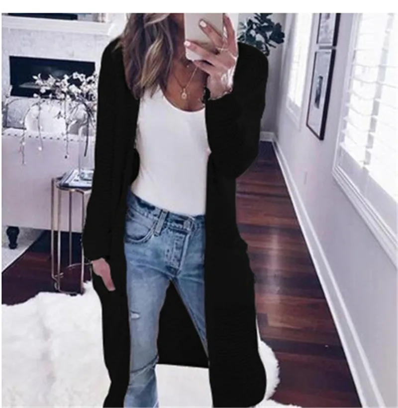 Spring Autumn Winter Long Sweater Women Knitting Cardigan Fashion 2019 Pockets Open Stitch Coat Female Vintage Knitwear |