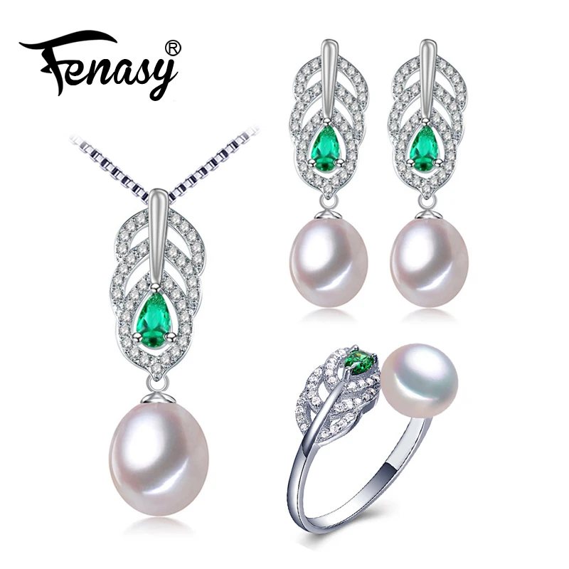 

FENASY Pearl Jewelry Sets Pearl Pendant Necklace Earrings For Women fine engagement ring Leaves Emerald leaf big earrings set