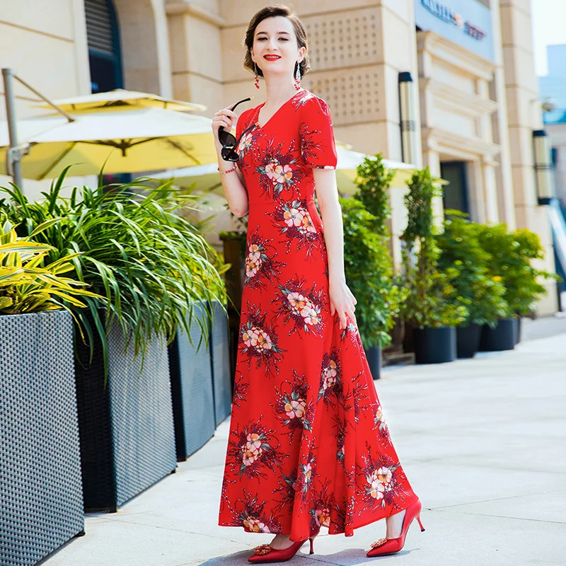 Для летних вечеринок длинное платье Красный Цветочный принт в стиле Бохо пляжное