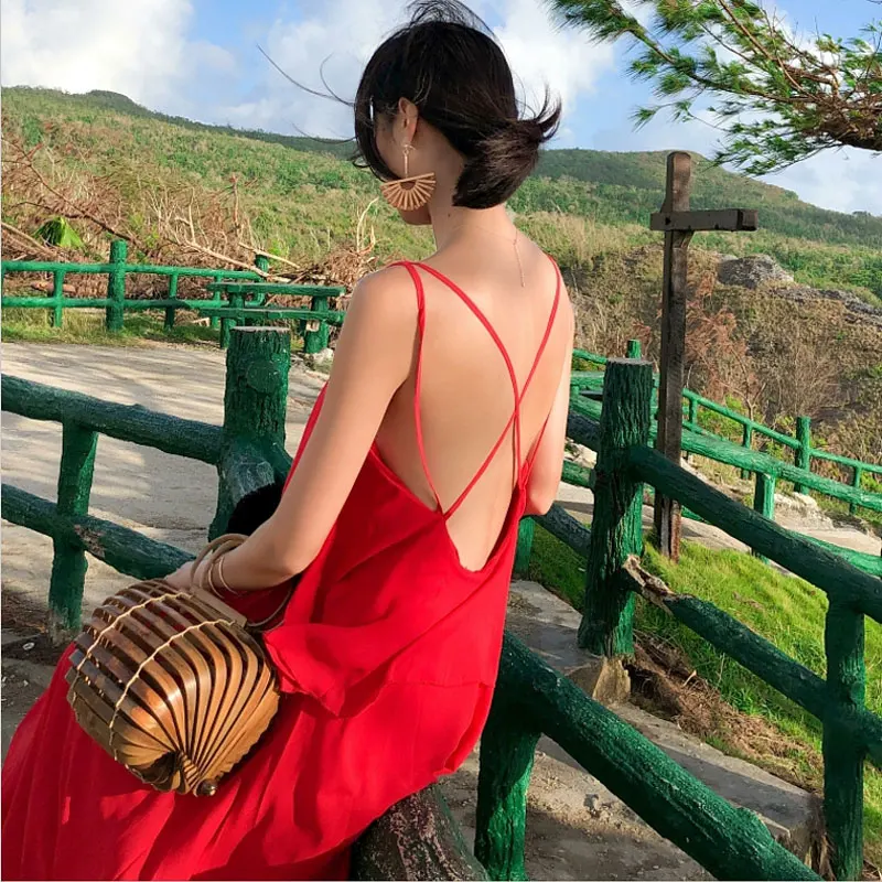 Летняя новая женская одежда однотонное богемное сексуальное красное платье с