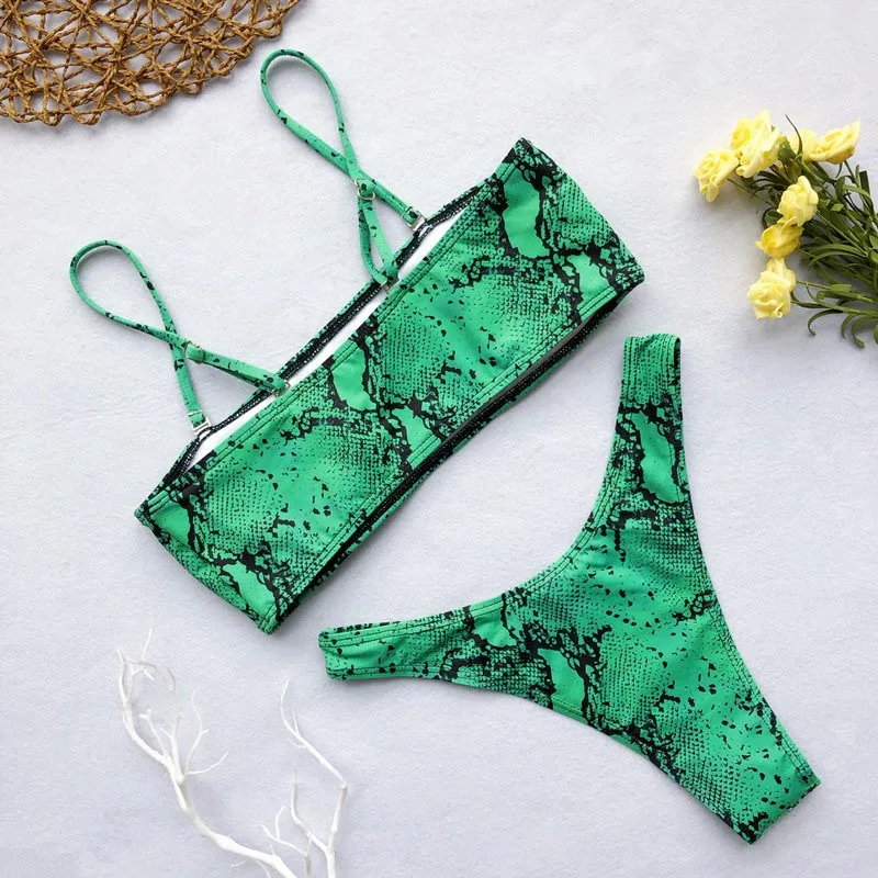 Бикини без бретелек 2019 змеиный принт три цвета купальник Женские сексуальные