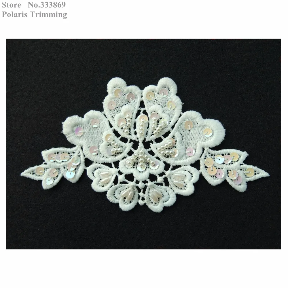 Free Shipping 2pairs=4pcs/lot x Handmade Ivory/Cream/Offwhite Pearled Sequin Beaded Flower Lace Applique Trim Patch Motif PBNC57 | Дом и сад