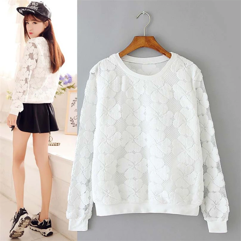 New 2020 Casual Round Neck Sweatshirt Women Lace Hollow Out Female Hoodies Loose All-Match Bottoming SS136 | Женская одежда