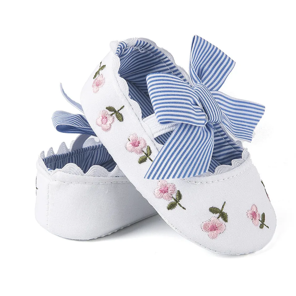 2020 New Baby Girl Shoes Floral Embroidery Spring Autumn Striped With Bow Princess Toddler Soft Soled First Walker |