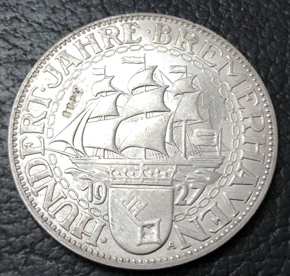 1927 Германия 1871 1948 5 Reichsmark Bremerhaven Посеребренная копия монеты|Безвалютные монеты| |