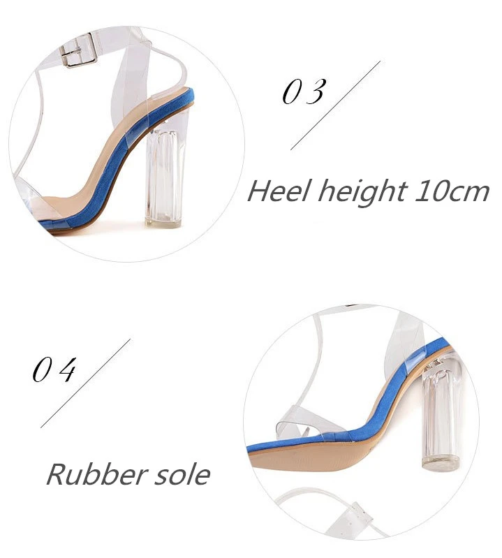 JIANBUDAN/ Transparent sexy High heel sandals women's summer office shoes Ankle buckle Open Toe Pumps 10cm Round Heels sandals