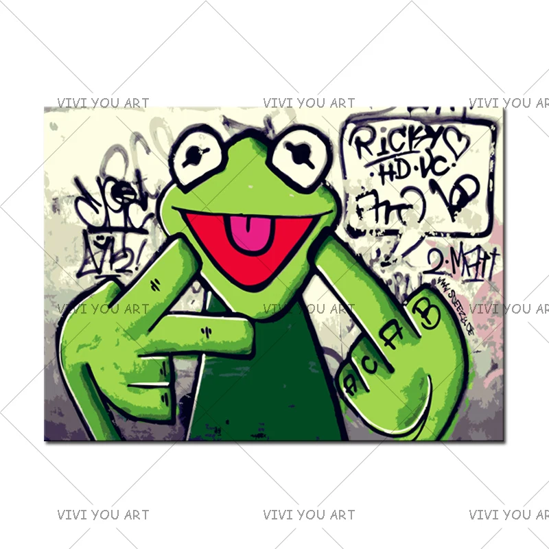 Уличные граффити искусство лягушка Kermit палец 100% ручная работа Холст Картина