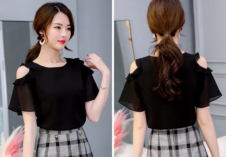 2019 летняя модная блуза рубашки Рубашка с короткими рукавами офисная блузка шифон