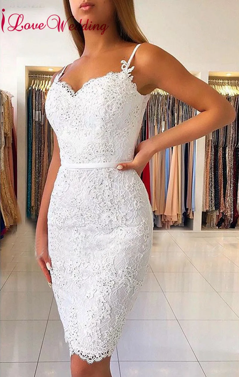 Vestidos De Coctel возлюбленные Спагетти ремни аппликация из белого кружева на заказ Колено Legnth элегантные коктейльные платья