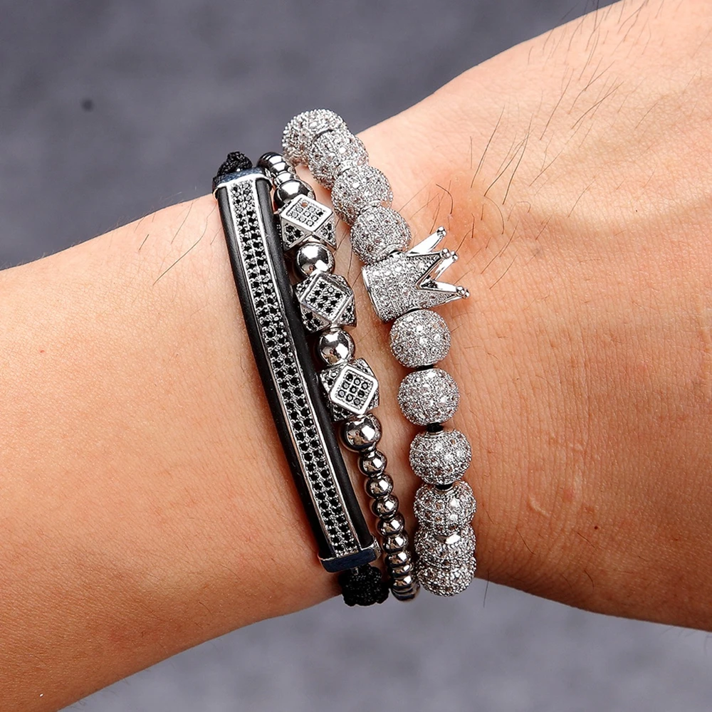 3 шт./компл. панк CZ Micro Pave Корона Бусины Браслет для Для мужчин Для женщин плетеная веревка Сеть класса люкс Модные украшения подарок Размер 16-25 см