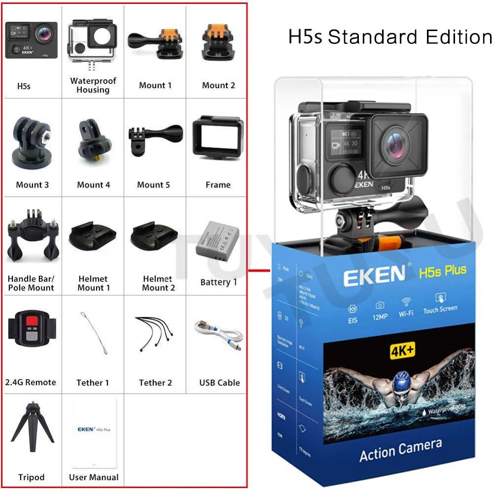 Eken H5s Plus 4K+ чипсет Ambarella A12 4K 30fps Utral HD EIS сенсорный экран камера Wifi Шлем Мотоцикл подводный H5s+ камера - Цвет: H5S Plus Black