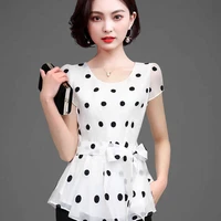 women casual summer style chiffon blouses shirts lady short sleeve o neck polka dot printed blusas tops df2824