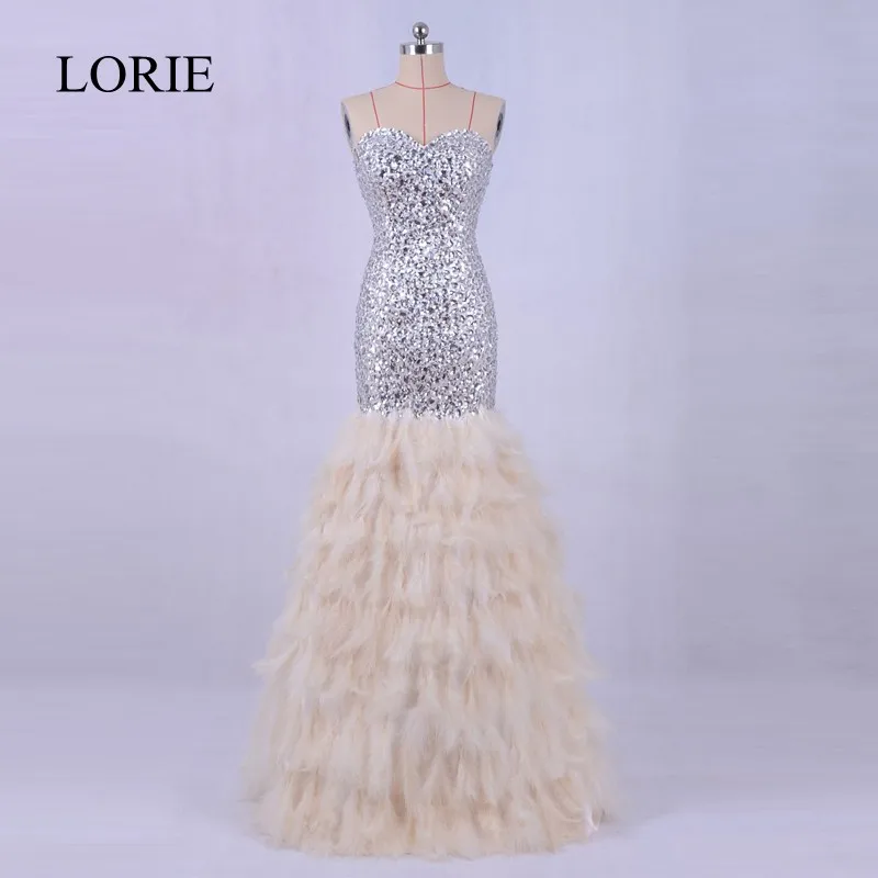 Роскошное вечернее платье русалки с перьями длинное 2018 украшенное кристаллами