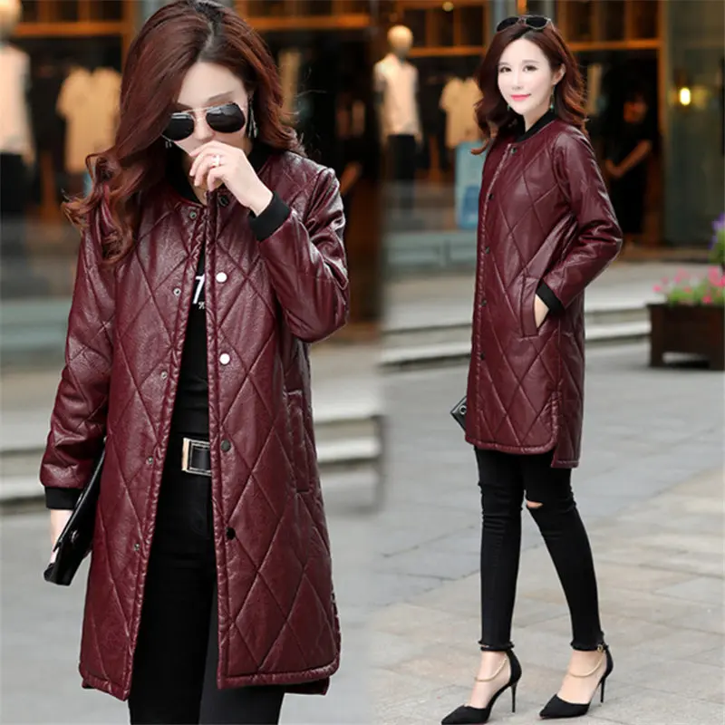 red wine Модное женское байкерское пальто большого размера 5XL 4XL из искусственной кожи, длинное осенне-зимнее Стеганое пальто из искусственной кожи A1273 - Цвет: red wine