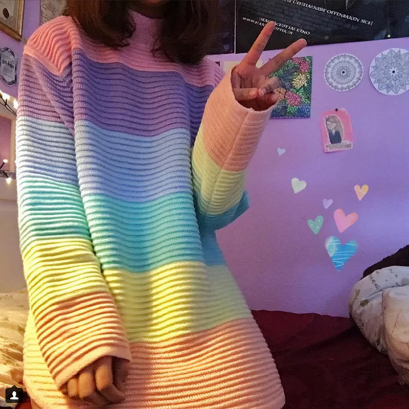 Women Pullover Urtleneck Rainbow Sweater Maccaron Color Stripes Loose Tumblr Female 2018 Spring Autumn New Fashion | Женская одежда