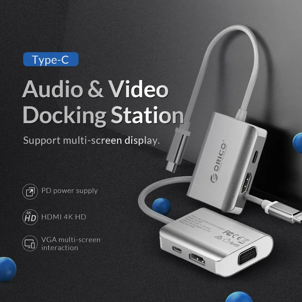 Док станция ORICO Type C на * 1 / HDMI VGA Зарядные порты для Samsung Galaxy S9 Note 8 Huawei P20 MacBook