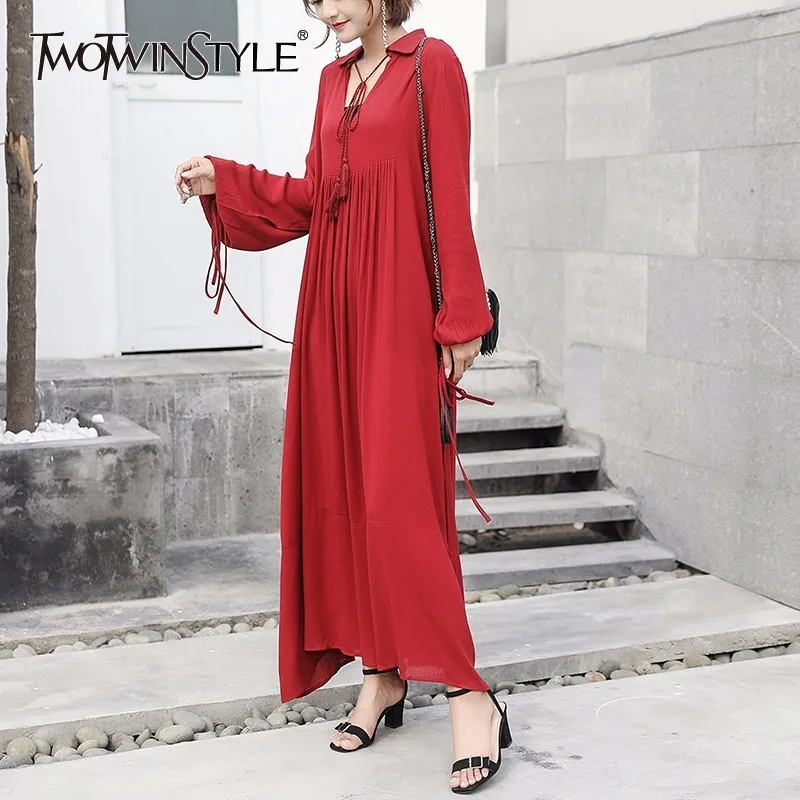 Twotwinstyle 2017 Для женщин Кружево до красного Макси платья Sexy V Средства ухода за кожей