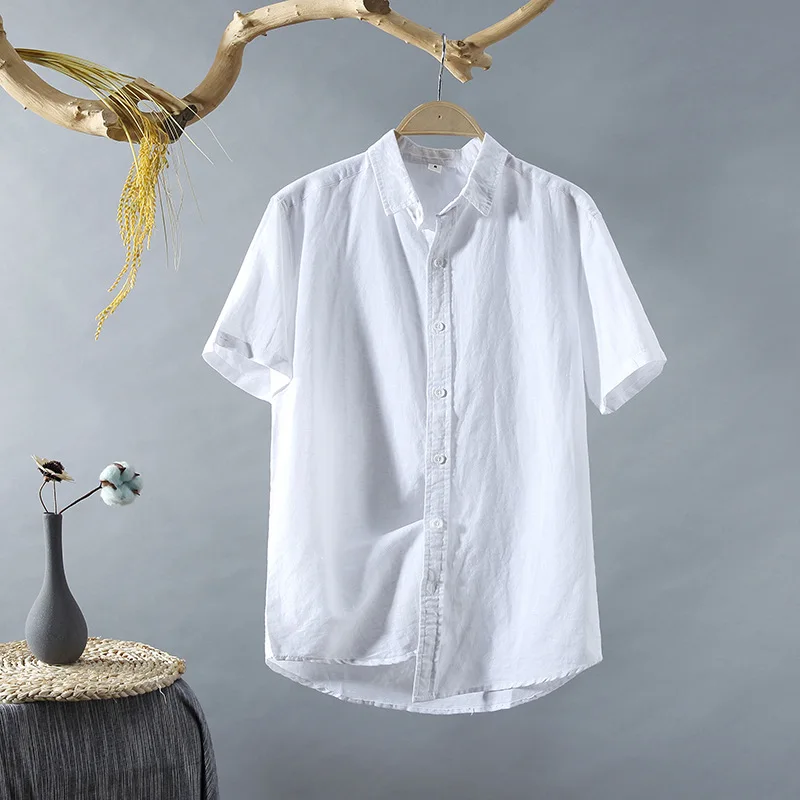 Высокое качество Мужские льняные хлопковые рубашки с коротким рукавом