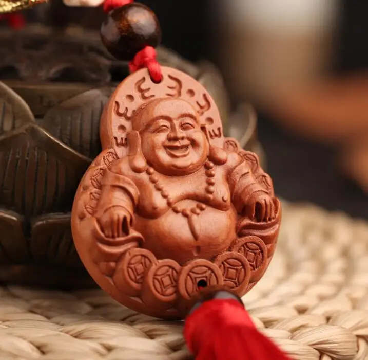 

Chinese Peach Wood Carved Coin Money Maitreya Buddha Safe And Good Luck Card Exquisite Car Interior Trim Pendant