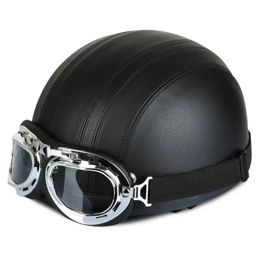 Open Face Half Leather Helmet With Visor Uv Goggles Retro Vintage Style