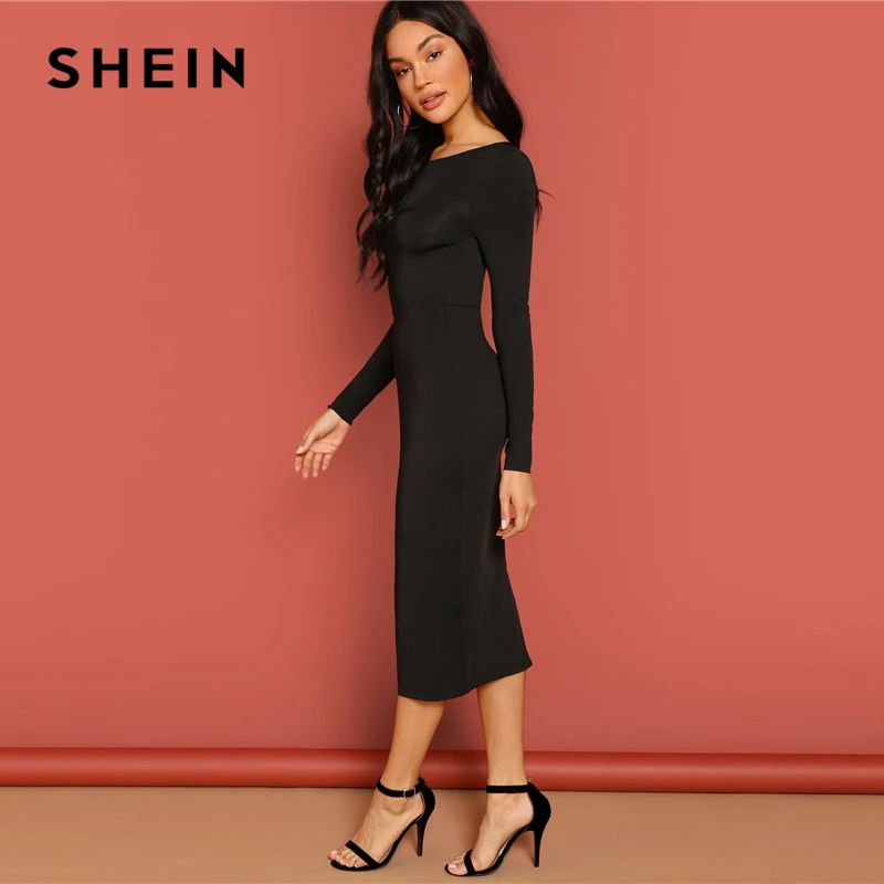 SHEIN Черное Кружевное облегающее платье-карандаш с открытой спиной, элегантное платье до колена с длинным рукавом, лето, офисные женские сексуальные платья
