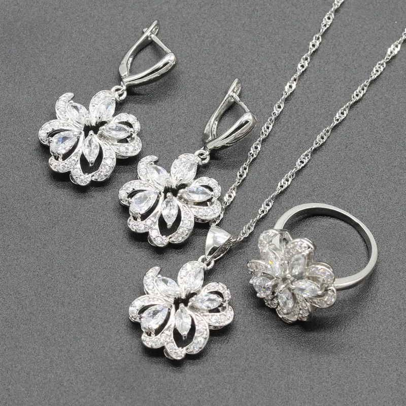 925 Silver Wedding Jewelry Sets Flower Shape 3 colors For Women Dangle Earrings Necklace Pendant Ring 2018 Trendy | Украшения и