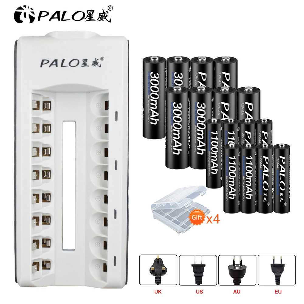 

PALO smart battery charger for AA/AAA rechargeable battery+8pcs 1.2V AA 3000mAh+8pcs AAA 1100 mAh NiMH rechargeable batteries