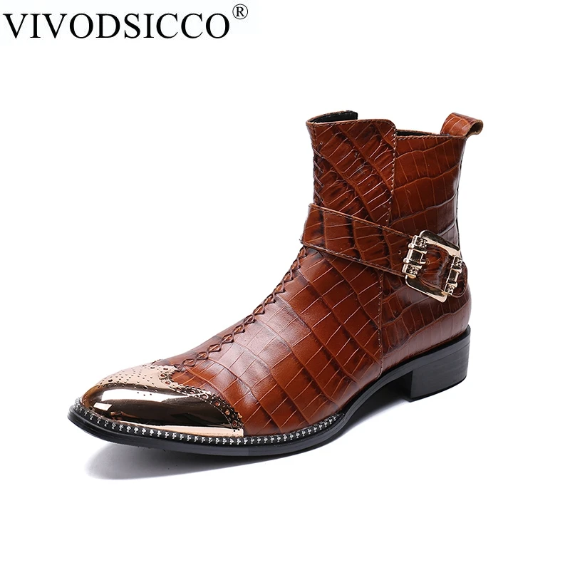

VIVODSICCO Fashion Genuine Leather Monk Straps Men Ankle Boots Formal Dress Shoes Pointed Toe Chelsea Boots Cowboy Boots