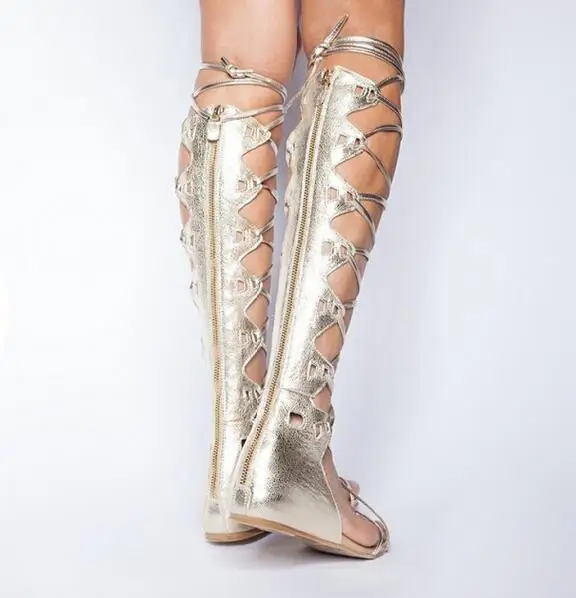 Botas Mujer Sheepskin Cross Straps Summer Boots Clip Toe Women Flat shoes woman Cut Out Sexy Sandalias Knee High Gladiator Sanda