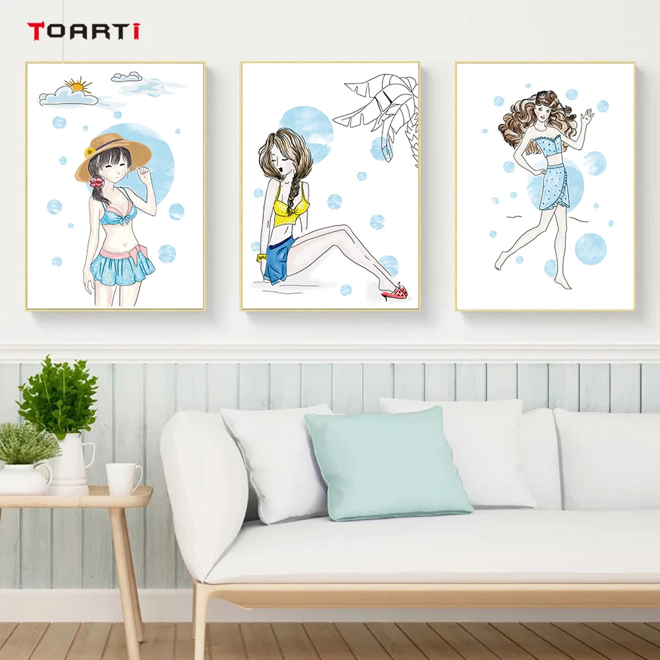 Sweet Girls Swimsuit Show Wall Art Colorful Cartoon Canvas Painting Modern Pictures Vintage Posters&ampPrints Room Home Decor | Дом и сад