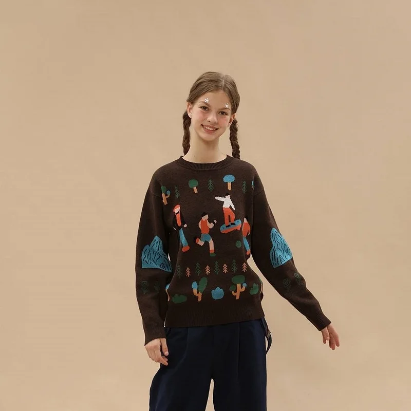 Озорной игривый дизайн жаккард женский 2018 свитер Пуловеры коричневый вязаный